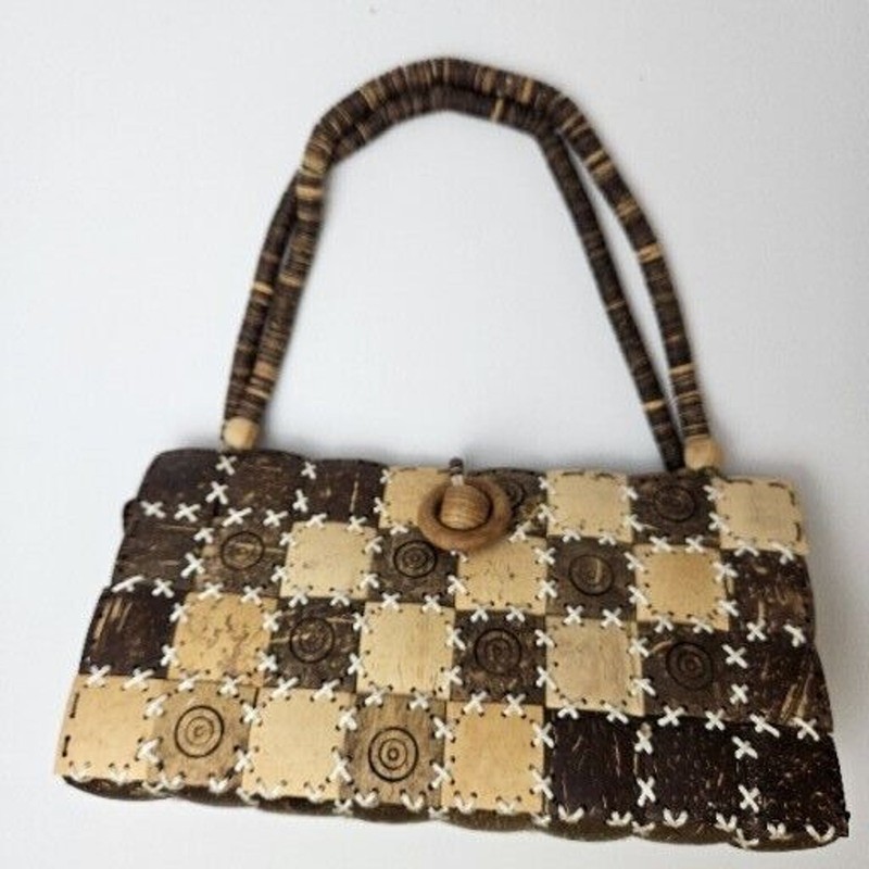 COCONUT SHELL Checker Stitched Purse Handbag 2 Handle Cotton Lined Zip Top Brown