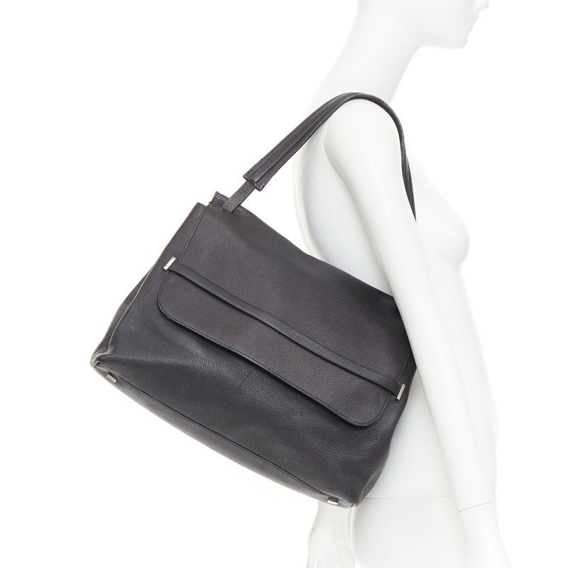 THE ROW Top Handle 14 black pebble leather loop through flap shoulder bag gallery