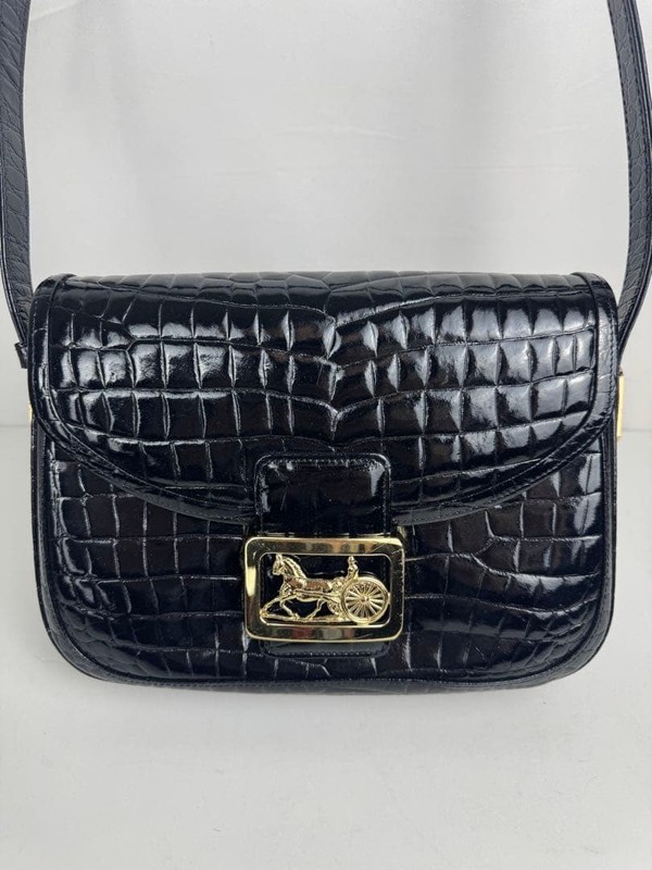 CELINE Carriage Hardware One Shoulder Enamel Leather Bag Black Vintage