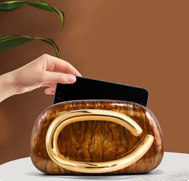 Brown Marbled Glossy Oval Clutch w/ Gold Tone Hardware & Detachable Strap