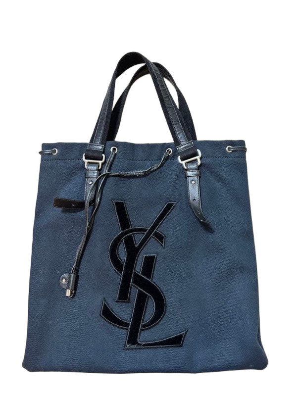 YSL Kahala Canvas Tote Bag Black Logo Leather Handle Authentic Used