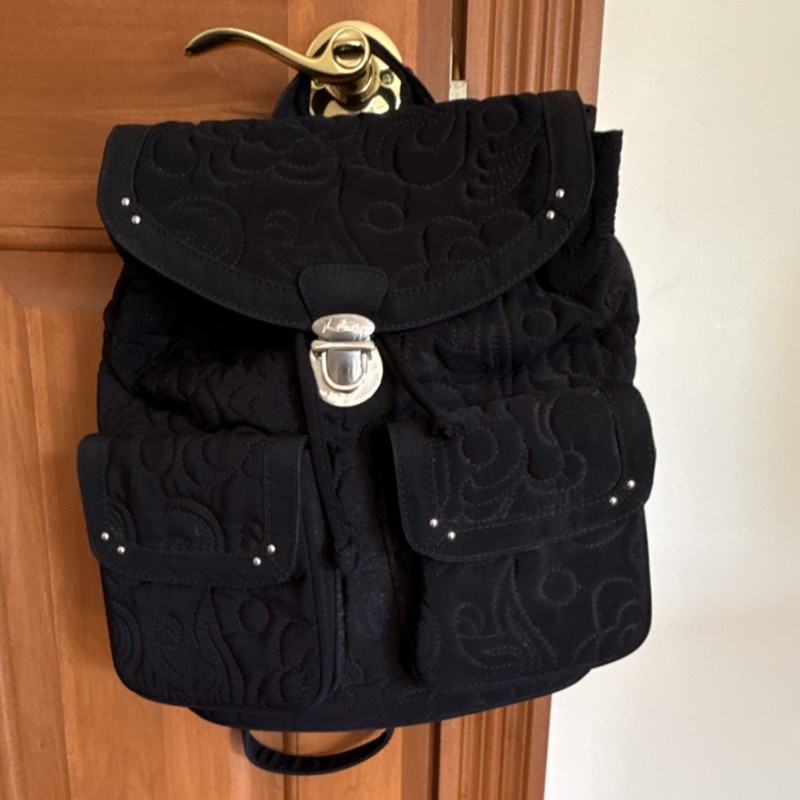 Vera Bradley Black Quilted Drawstring Backpack Floral Lining Pockets Strap