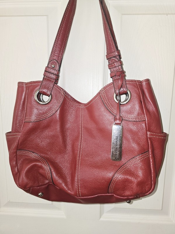 Tignanello Deep Red Matte Pebbled Leather Handbag Double Buckle Handles