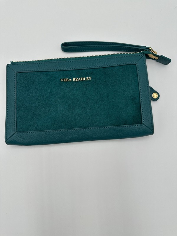 Vera Bradley Wristlet in Leather and Faux Horse Hair, Turquoise, Pre-owned