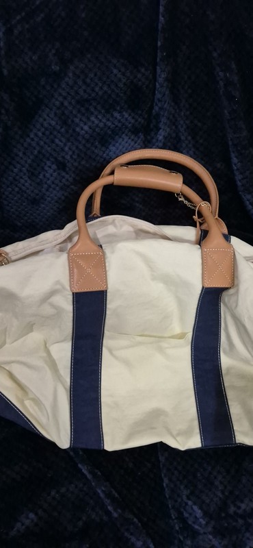 J McLaughlin Duffle Bag Large Weekender Cape Cod White Blue Tan Leather Carry On