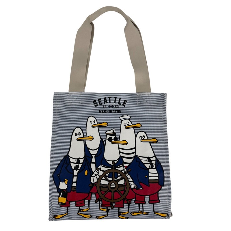 NWOT Chalo Seattle Seagull Sailor Tote Bag Blue White Pinstripe Canvas Nautical gallery