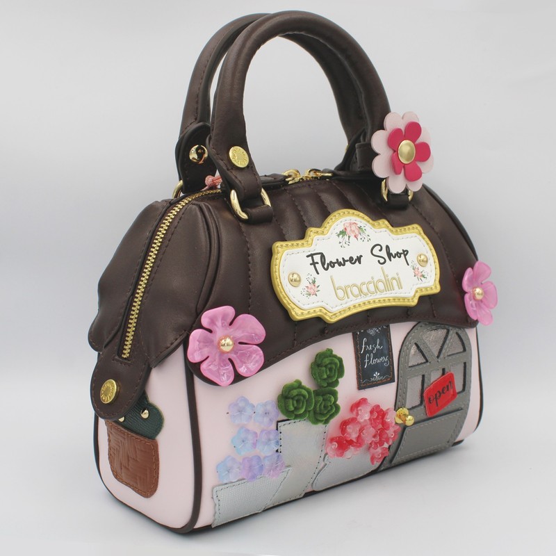 BRACCIALINI Iconic Designer Small Leather House-Shaped Handbag purse Flower Shop