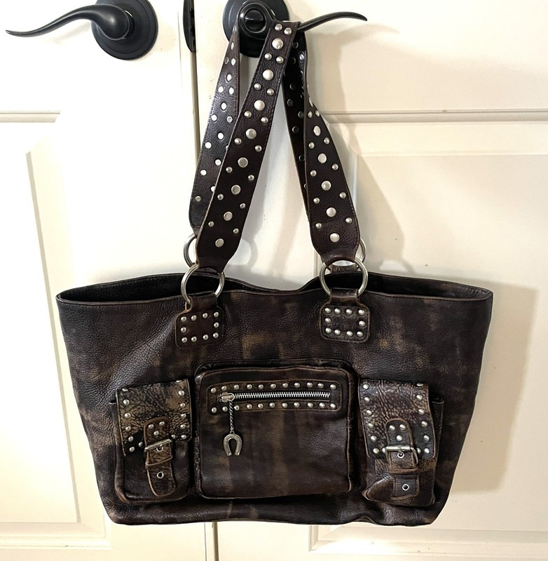 Betsey Johnson Vintage Brown Distressed Leather Large Studded Shoulder Hobo Bag