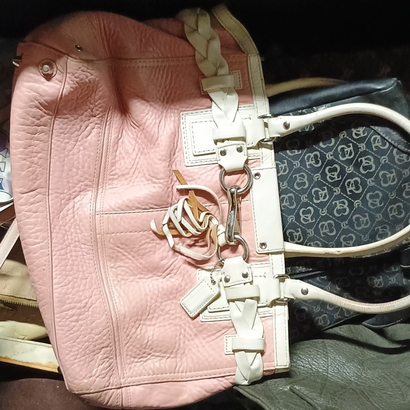 Women’s Pink/White Pebbled Tote Bag Braided Double Handles Logo, Bag Charm