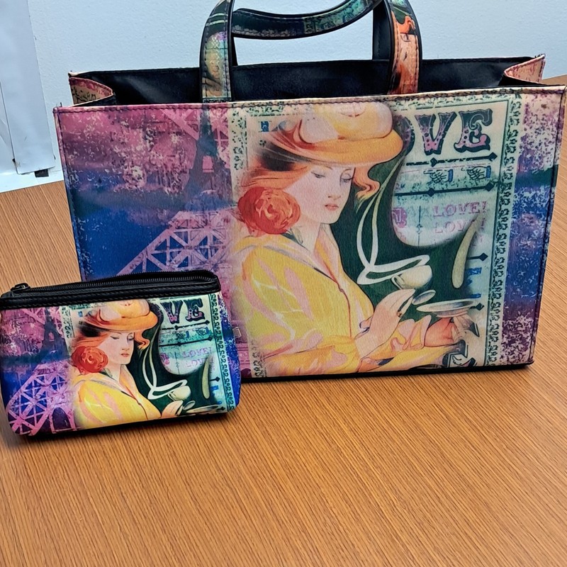 Multicolor Art Print Tote Bag Top Handle Matching Pouch Set Printed Zipper