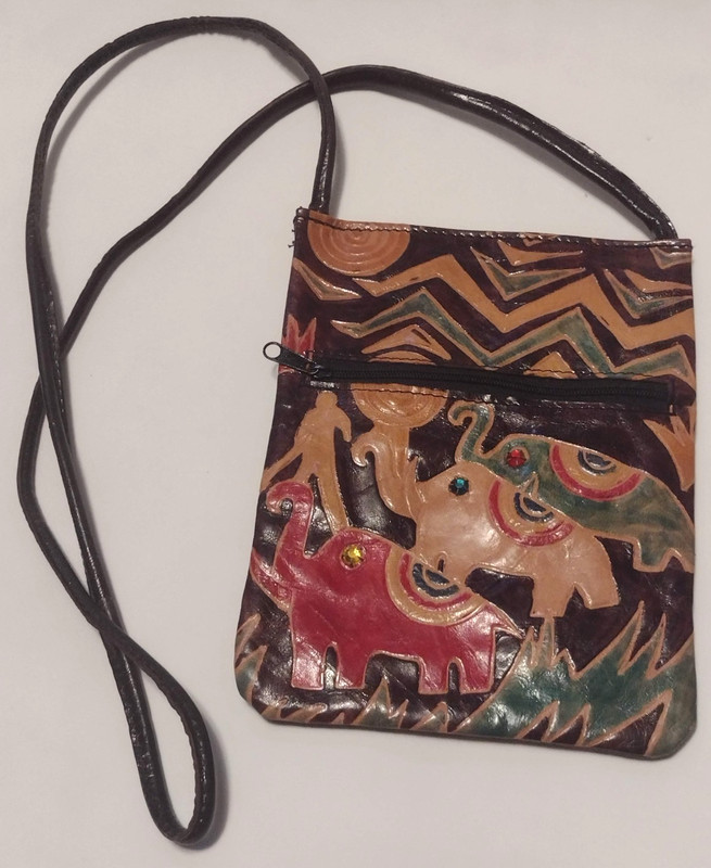 Handmade Indian Leather Crossbody Purse – Colorful Embossed Elephant Design
