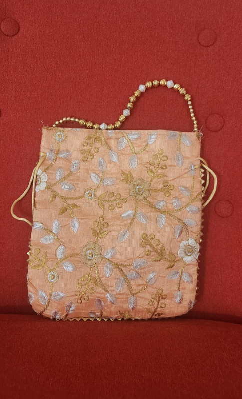 Embroidered Peach Traditional Potli Purse with Gold and Silver Floral Design