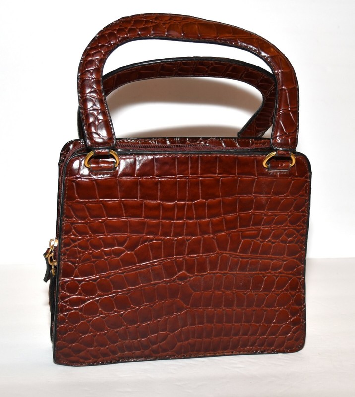 Tianni Brown Croc Embossed Faux Leather 3 Section 2 Handle Handbag