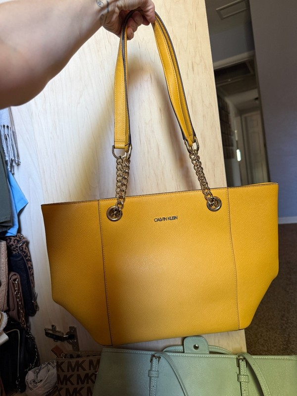 yellow calvin klein tote gold tone hardware