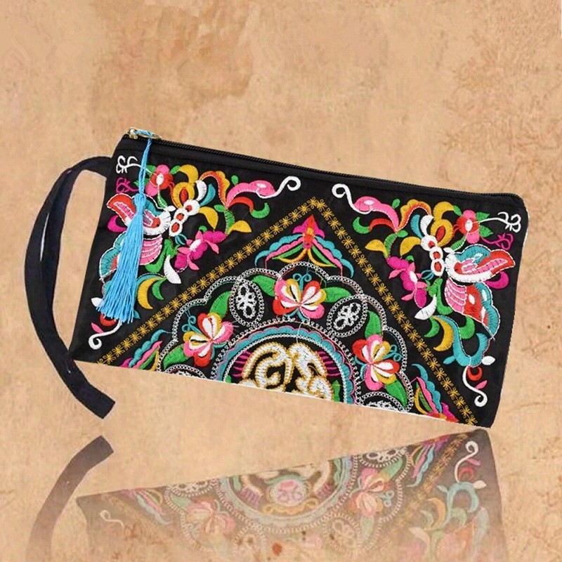 Ethnic Floral Embroidered Wallet with Wristlet – Clutch for Phone & Essentials