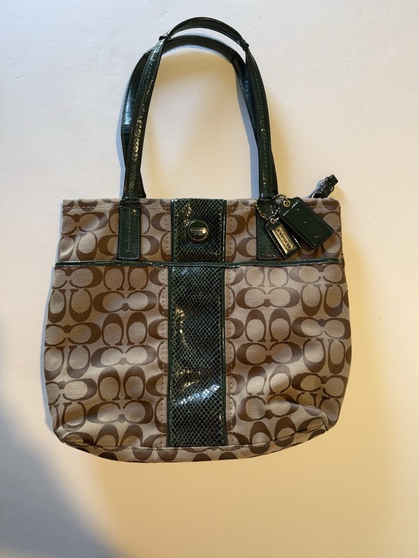 Coach Signature Pattern Medium Zip Tote Brown/Green, Inner Pockets Gold HW
