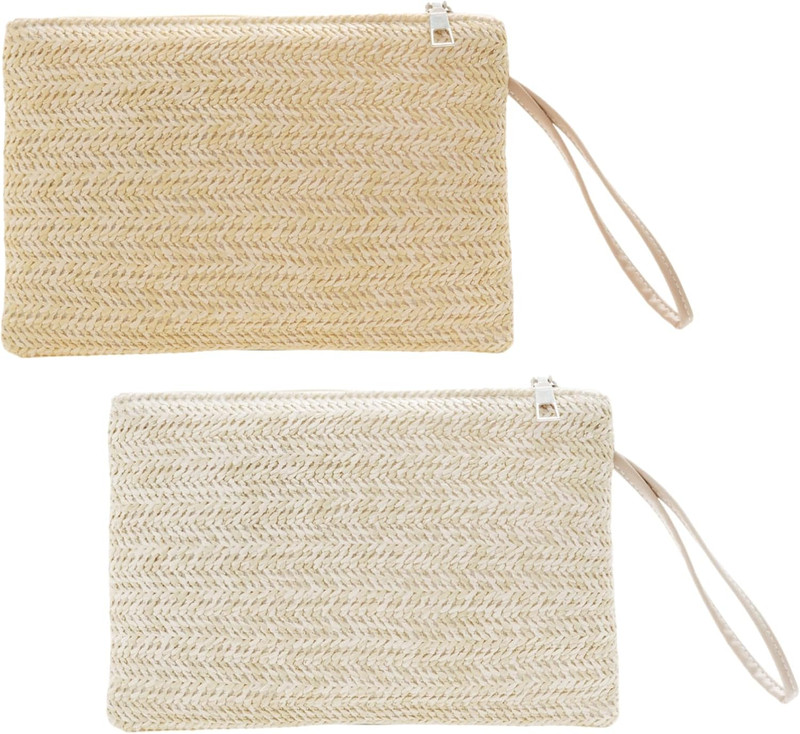 2 Pochette Da Donna in Paglia, Estiva, Da Spiaggia, Con Cerniera, in Stile Bohém