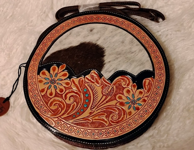 NWT Myra Bag MultiColor Floral Hand Tooled Hairon Leather Round Bag Western Boho gallery
