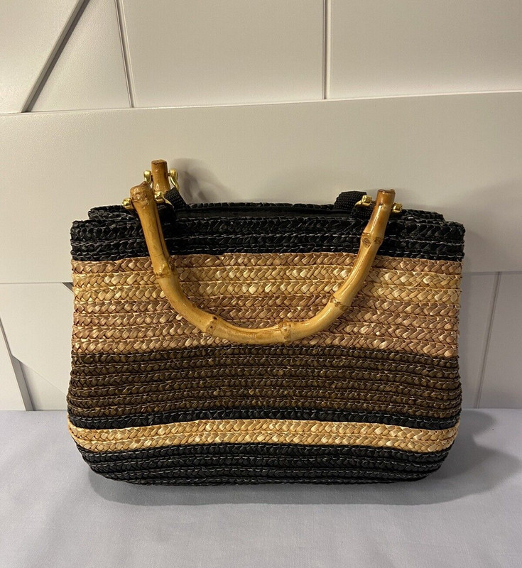 Wheat Straw and Wooden Handle Handbag Purse Dark Brown and Light Brown Colors