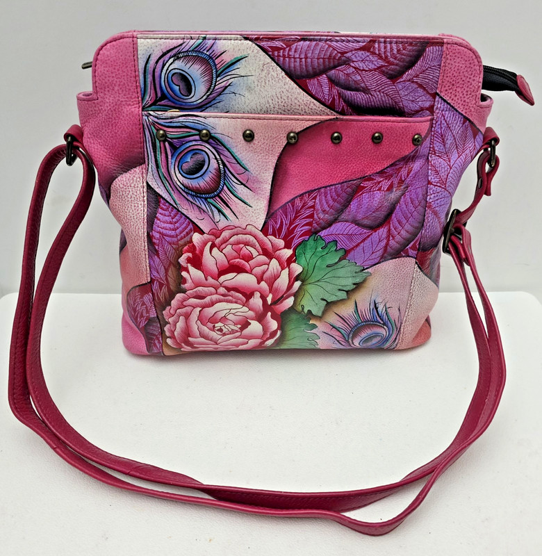 Anuschka Peacock/Rose Hand Painted Leather Crossbody/Shoulder Bag-Rosie Reverie