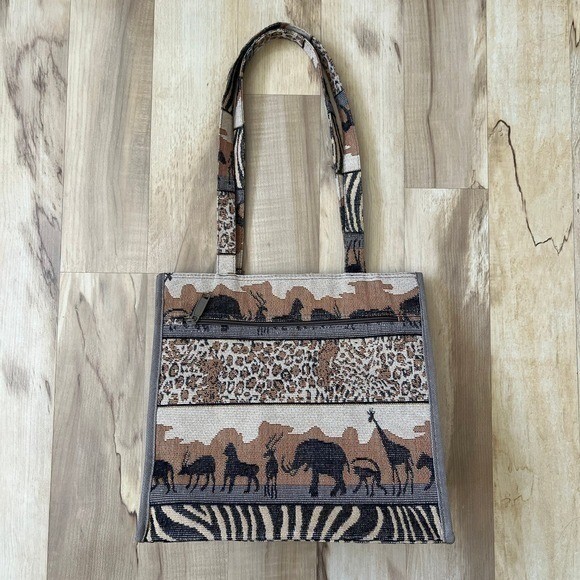 Vintage Purse Safari Tapestry Africa Giraffe Elephant Animal Print Boho Tote Bag
