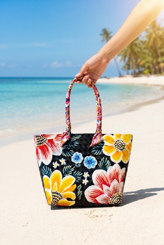 Beautiful hand painted bayong leisure hand bag-Black with flowers