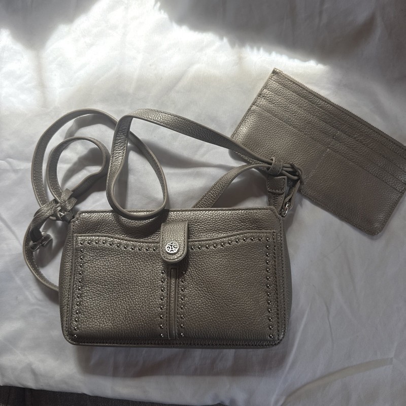 NWT BRIGHTON Pretty Tough Lennox Pebbled Taupe Leather Crossbody Silver Button