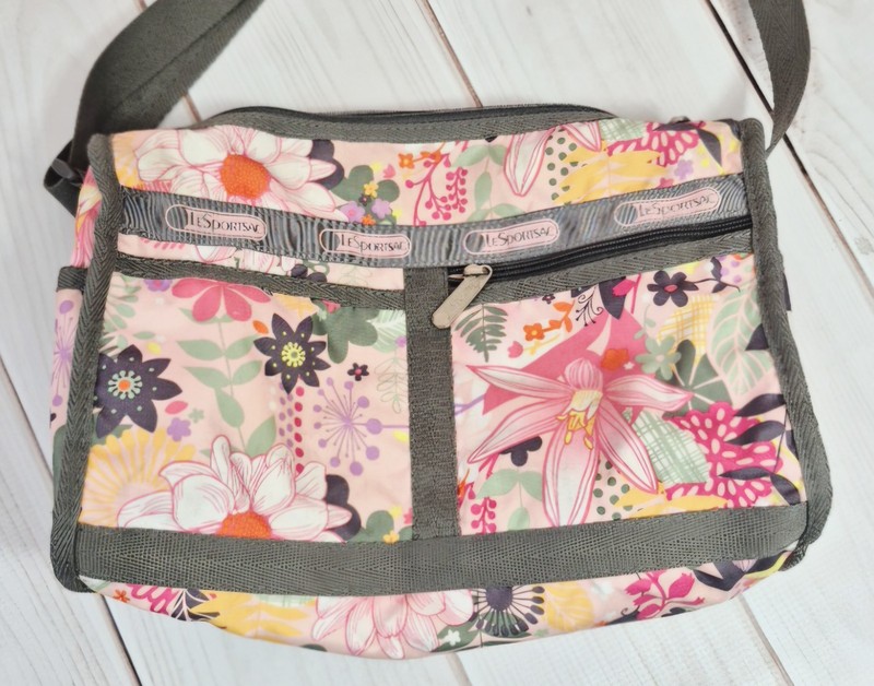 LeSportsac Floral Crossbody Shoulder Bag Pink Gray Travel Everyday Purse USED gallery