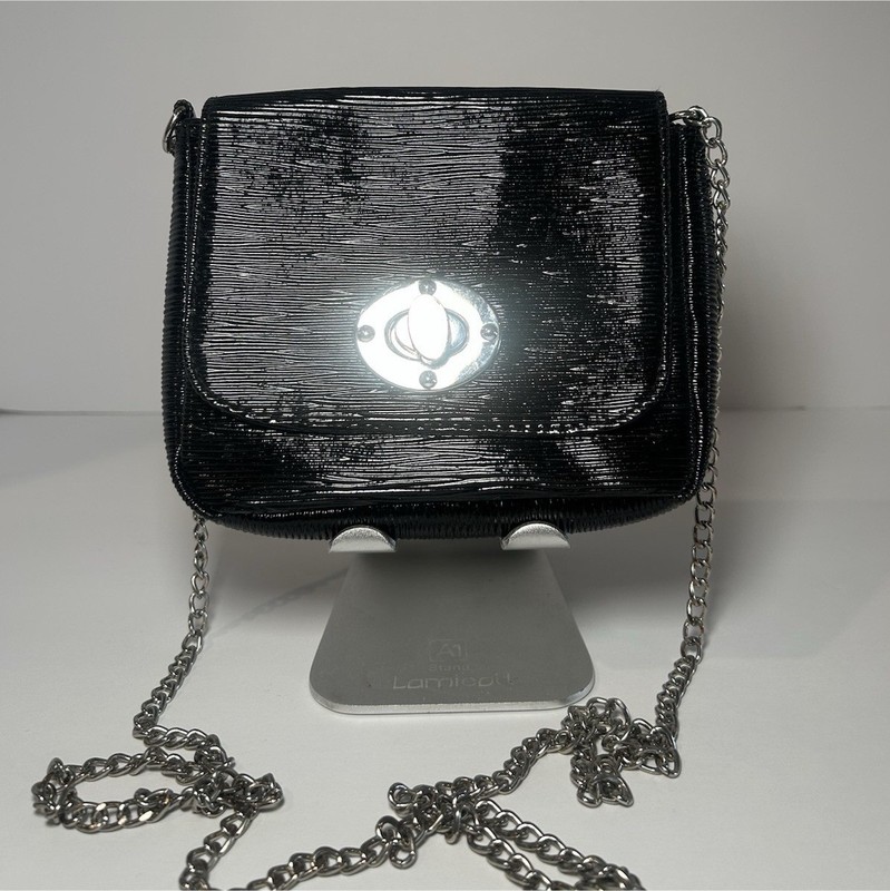 Black Patent Small Crossbody Bag Silver Chain Strap Turn Lock Flap Purse