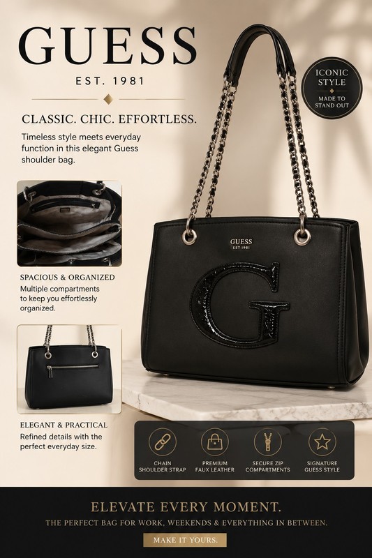 GUESS Black Shoulder Bag Logo Pattern Chain Strap Zip Closure Silver Hardware