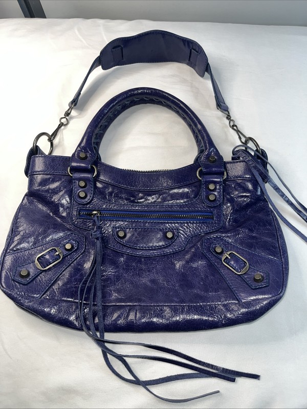 LUSH Purple Blue Distressed Soft Leather Editors City Bag Moto Purse Size M