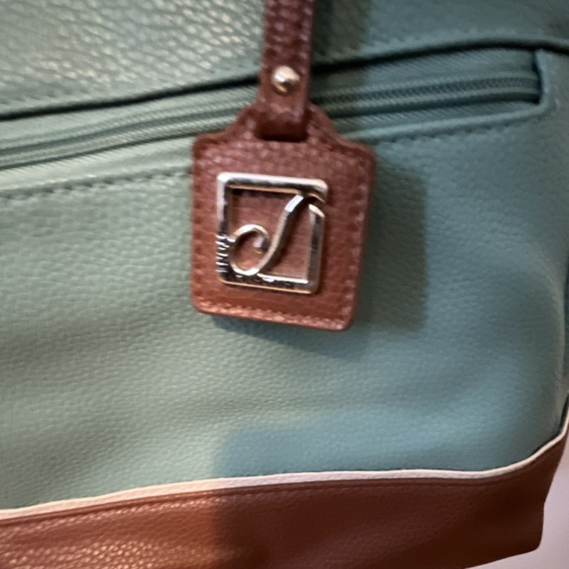 Stone Mountain Pebbled Teal Brown Shoulder Bag Silver Hardware Zipper Logo 17x11 gallery