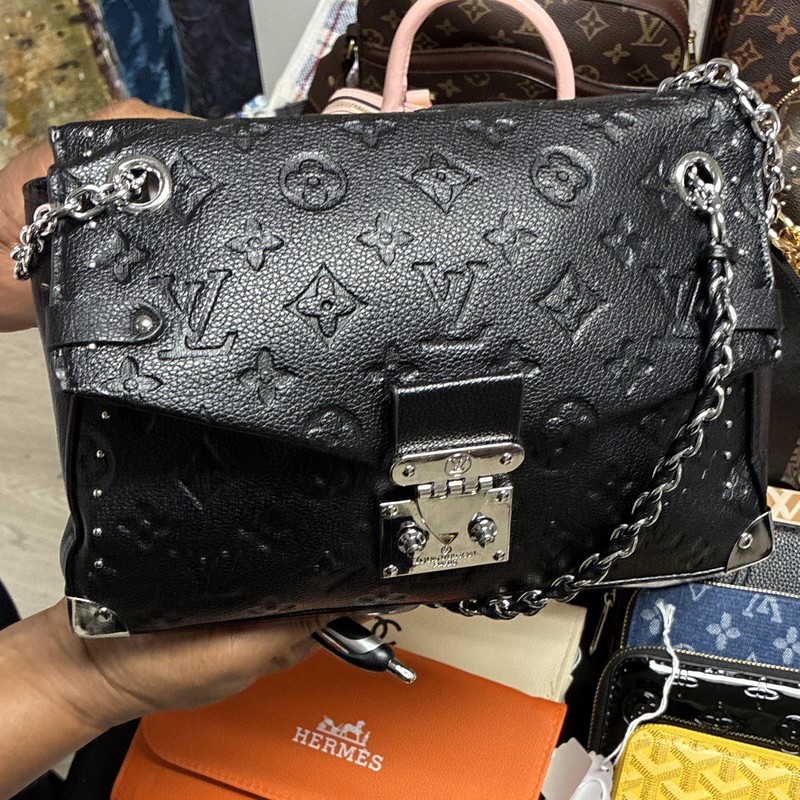 Louis Vuitton Black Monogram Embossed Chain Shoulder Bag Push Lock Medium