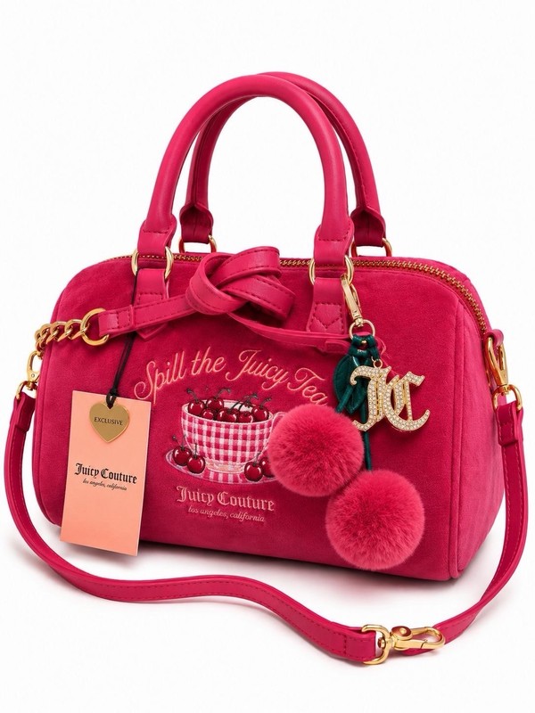 Juicy Couture Satchel Top Handle Pink Pom Pom Charm Embroidered Zip Women
