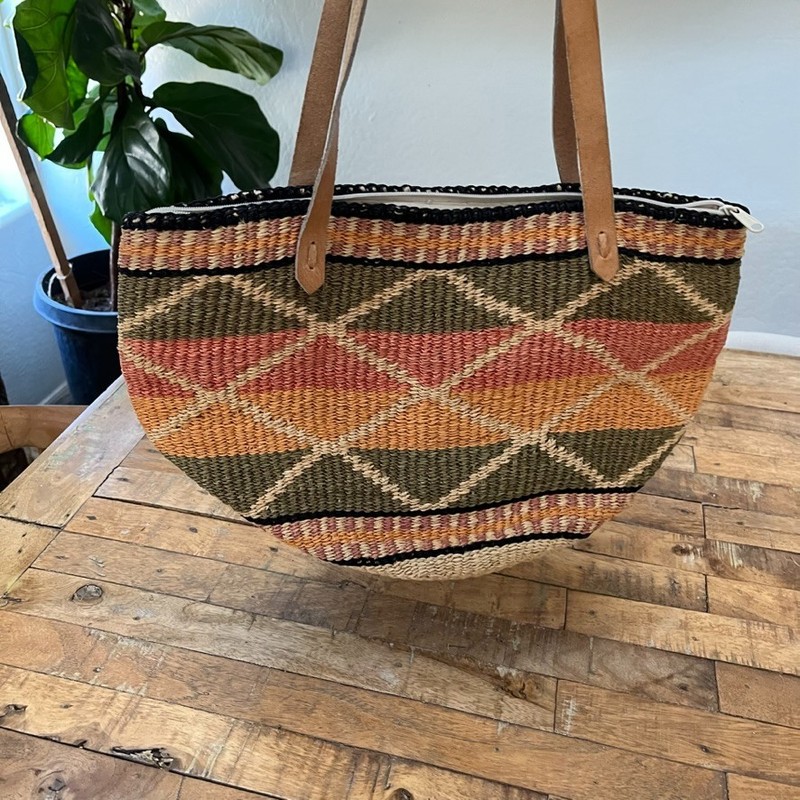 Vintage Woven Sisal Market Tote Bag 16" Leather Straps Round Striped Boho