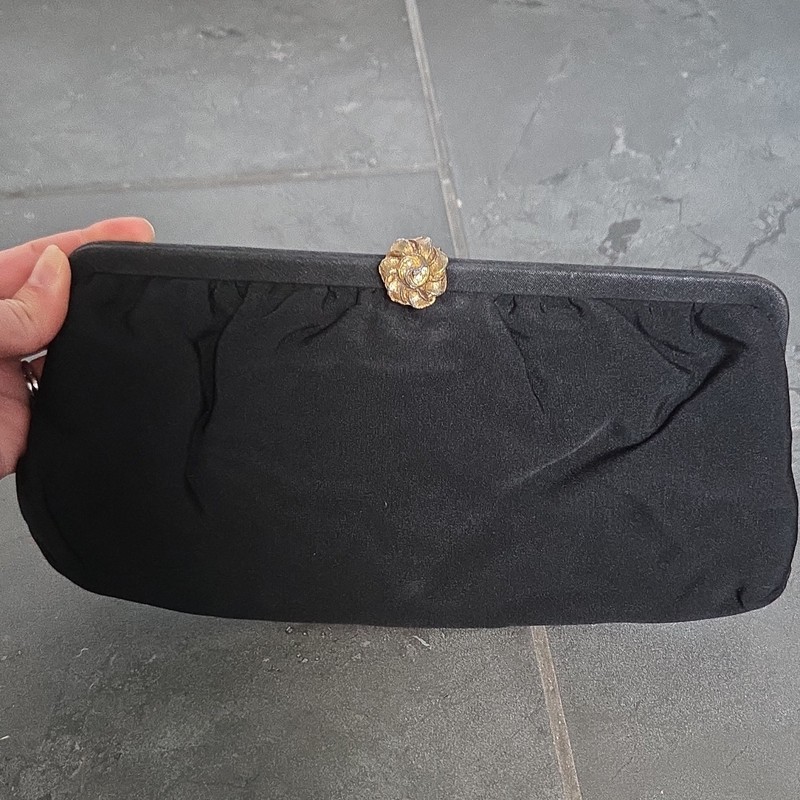 Vintage Admiral Black Satin Evening Bag Gold Flower Clasp Hideaway Chain