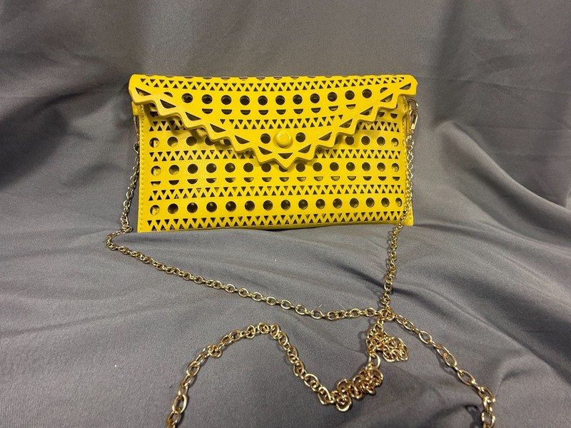 Stella and Dot like Sunshine Yellow Laser Cut Clutch Purse with shoulder strap gallery