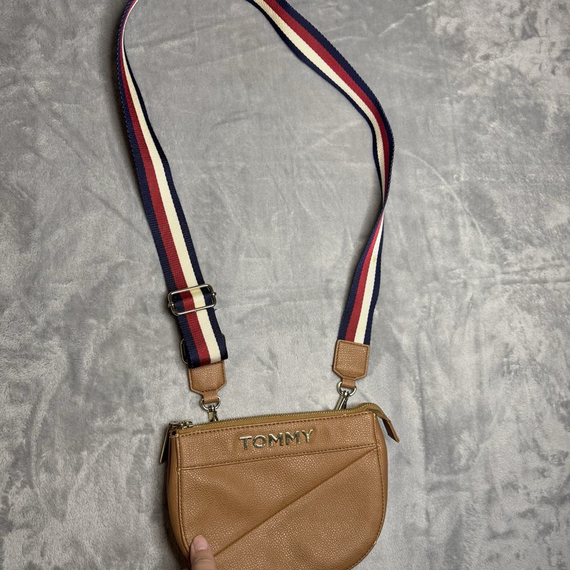 Tommy Hilfiger Brown Crossbody Purse With Red White And Blue Strap