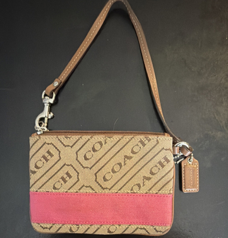 Coach Brown Pink Logo Pattern Wristlet with Stitching and Tag Accent
