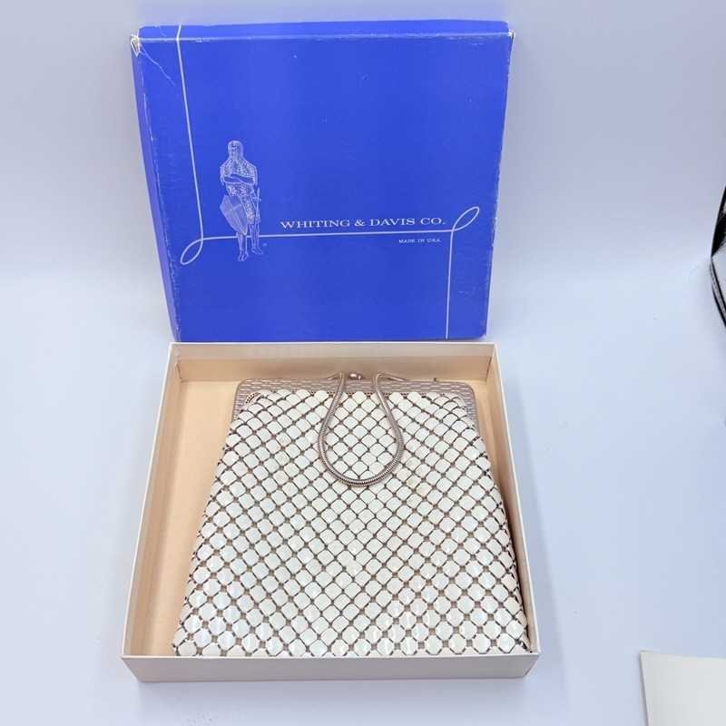 Vintage Whiting & Davis Ivory Mesh Kiss-Lock Evening Bag Purse with Original Box