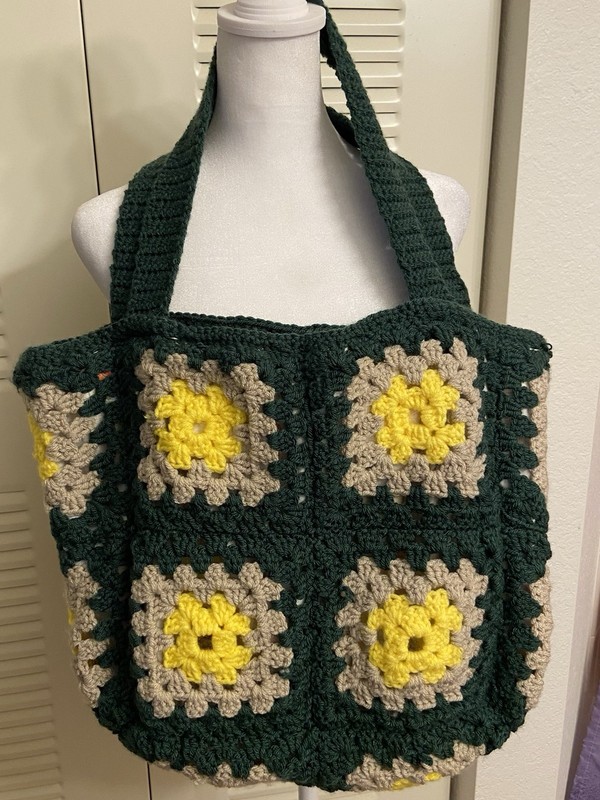 Handmade Crochet Granny Square Tote Green Yellow Gray Floral Lined Magnetic
