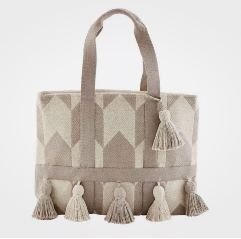 Mud Pie Handloom Large Multi Tassel Tote 18”x 13” Cream On Cream