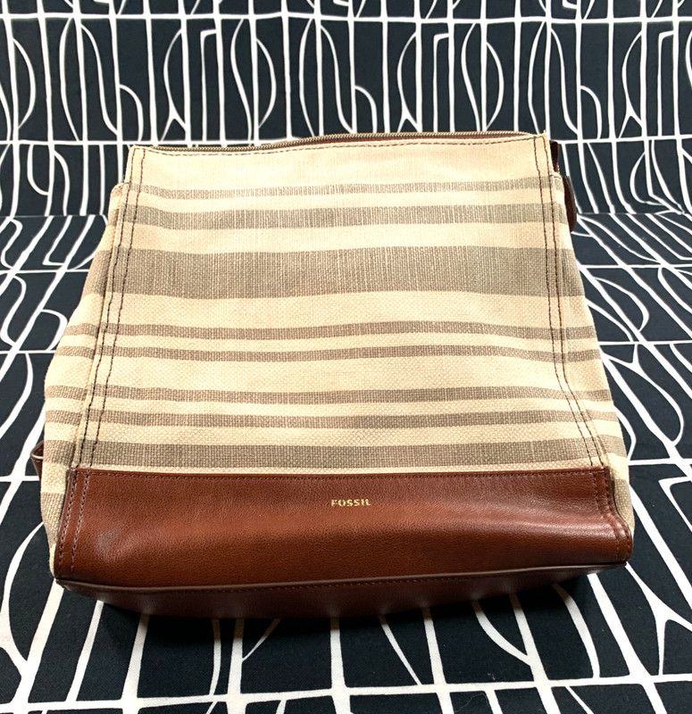 Fossil Elina Convertible Backpack Handbag Taupe & Brown Stripe Canvas Purse Bag