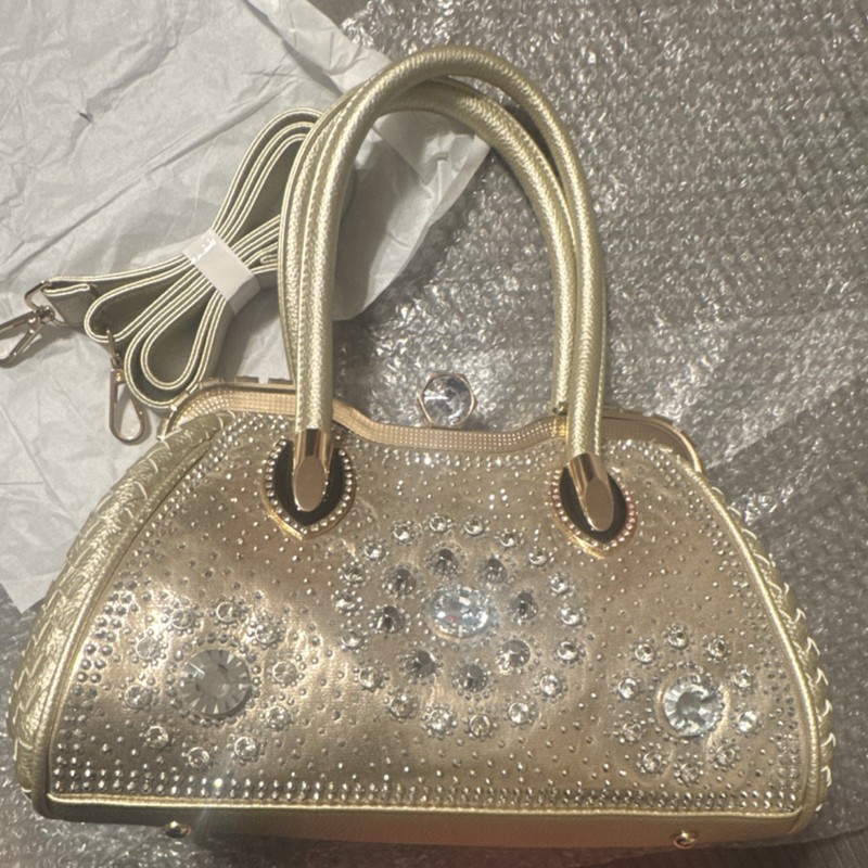 Gold Rhinestone Studded Braided Metallic Satchel Detachable Strap gallery