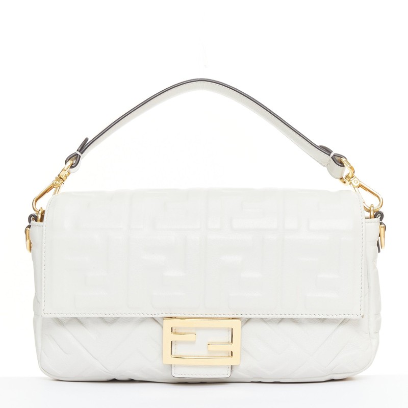 FENDI 2023 Runway Medium Baguette FF embossed white nappa leather bag