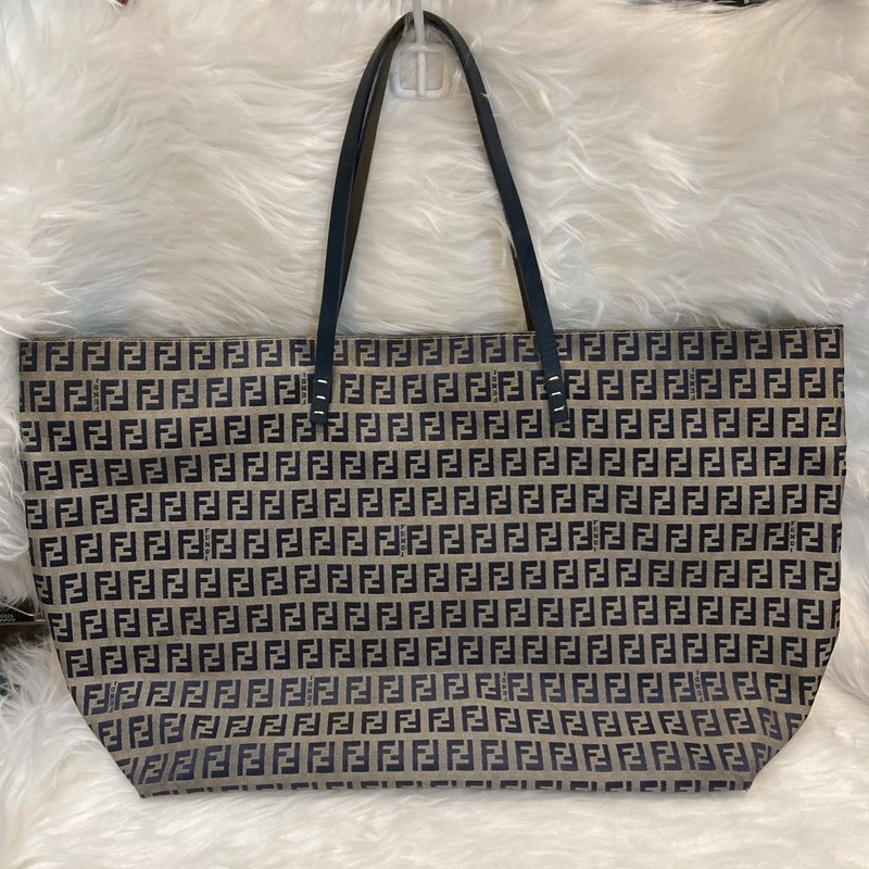 FENDI Zucchino FF Monogram Large Tote Bag Navy Canvas Leather 49cm Vintage
