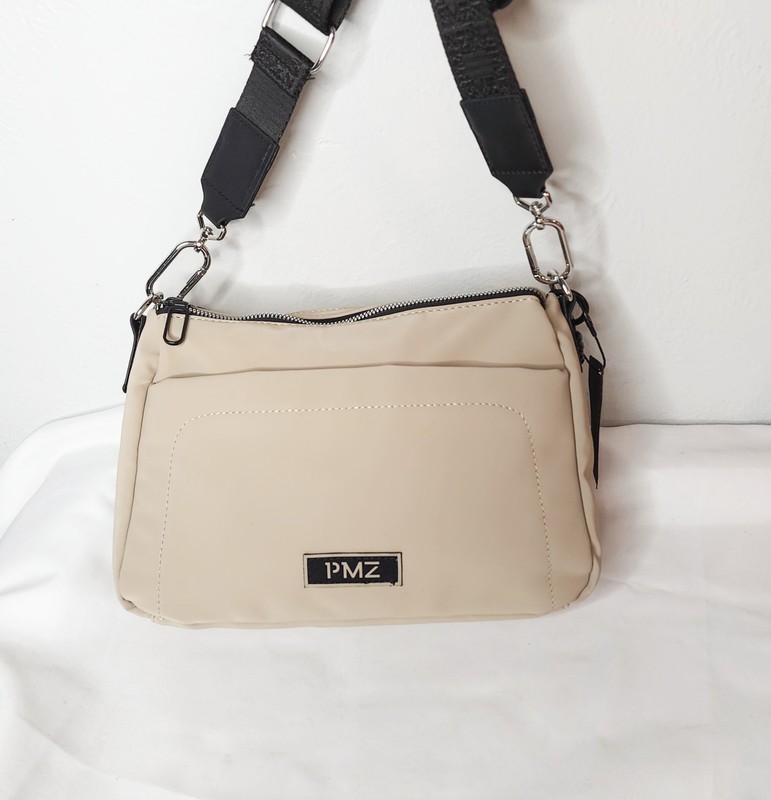 PMZ Neutral Beige Nylon Crossbody Bag with Logo Webbing Strap gallery