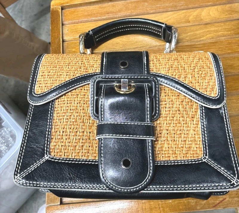 Maxx New York Woven Satchel Buckle Accent Black Natural Top Handle Bag