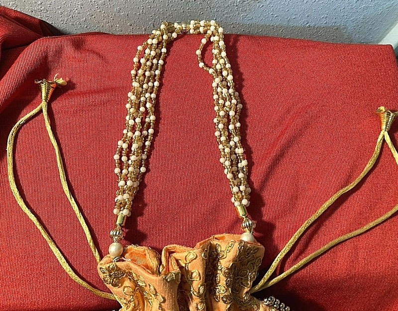 ORANGE COTTON POLTI BAG-India Handmade Gota Embroidered-Beaded Drawstring-NEW gallery