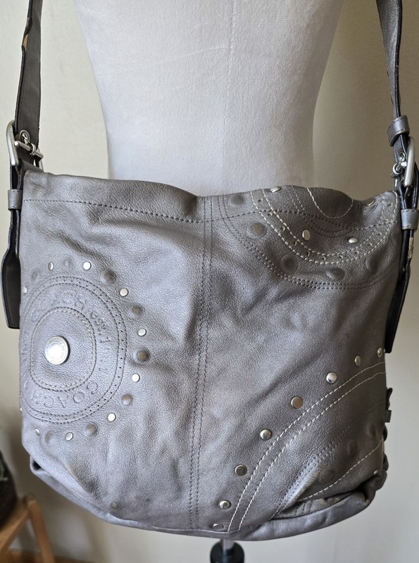 Coach Madison Studded Silver Metallic Leather Hobo Shoulder Bag Purse F16178